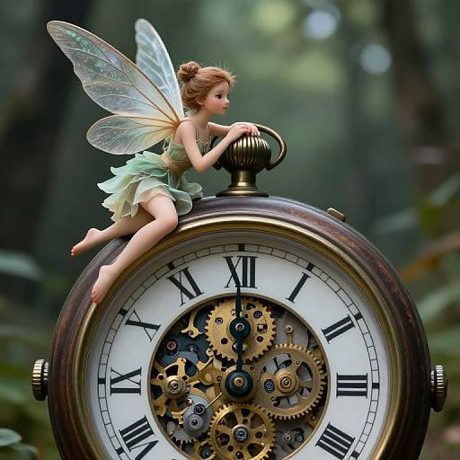 Photorealistic CGI: Fairy with translucent wings and green dress sits on a vintage, gear-filled pocket watch with Roman numerals in a lush forest.