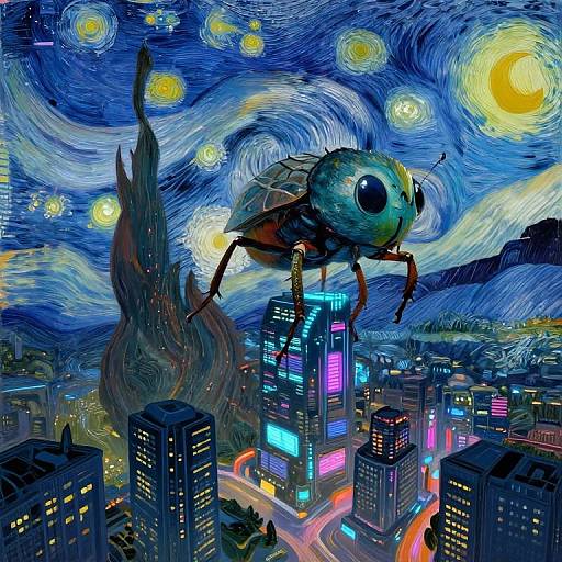 Digital artwork of a giant, colorful insect with large eyes hovering over a neon-lit, futuristic cityscape under a swirling, starry blue night sky