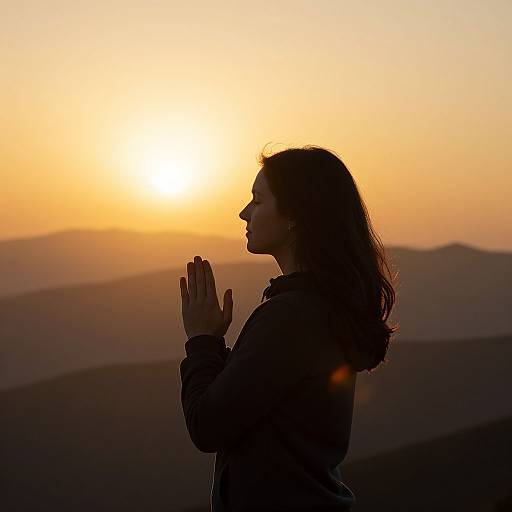 Silhouetted woman with hands in prayer against a warm, orange sunset over rolling hills, photograph capturing serene, reflective moment.
