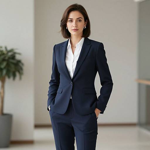 Photograph of a confident woman with short brown hair, wearing a dark navy suit and white shirt, standing in a modern, minimalistic office with a