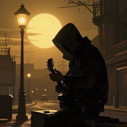 Silhouetted musician in hooded jacket playing guitar at dusk, street lamp glowing, sun setting behind, urban street background. Photographic image.