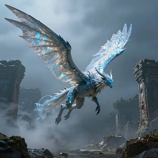 Digital art of a glowing blue and white winged dragon soaring above ancient, crumbling stone ruins in a misty, overcast sky.