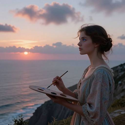Photograph of a young woman with fair skin and wavy brown hair, wearing a delicate, pastel-colored dress, painting a seascape at sunset