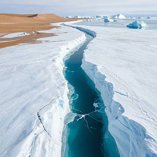 Aerial photograph of a glacier with a deep, dark blue crevasse cutting through white ice, bordered by barren, orange-brown land.