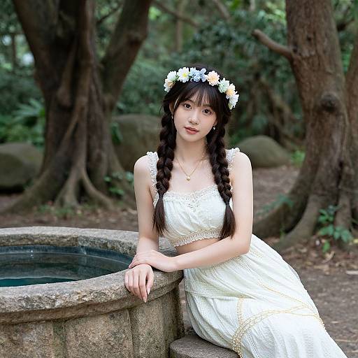 Photograph of an East Asian woman with black braided hair, white floral headband, white lace dress, leaning on a stone fountain in a forest