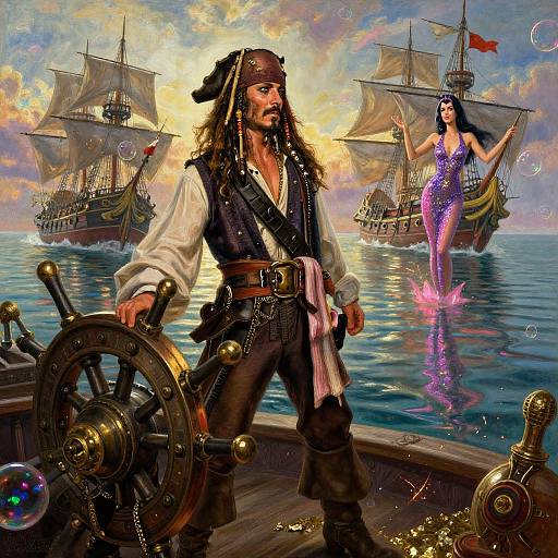 Digital painting: Pirate with long hair, beard, black vest, and hat stands on ship's wheel, while mermaid in purple dress emerges from sea