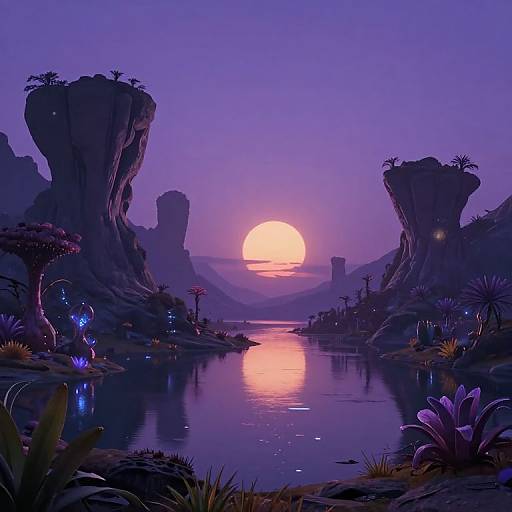 Digital artwork of a surreal, purple-hued sunset over a reflective river, flanked by towering, rocky formations with glowing plants.