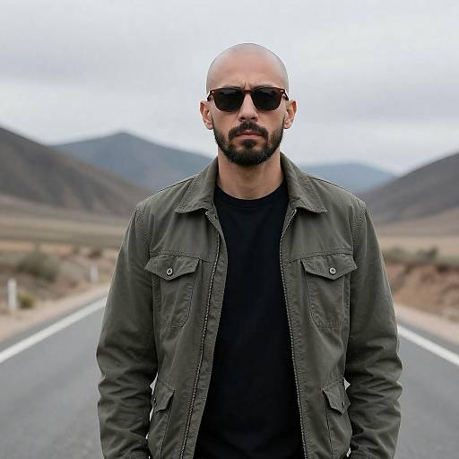 Serious Bald Man on Desolate Road