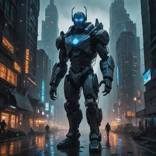 Dystopian Cityscape with Menacing Robot