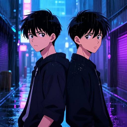 Digital anime-style artwork of two black-haired, serious-looking boys in black hoodies standing back-to-back in a neon-lit, rainy urban alley.