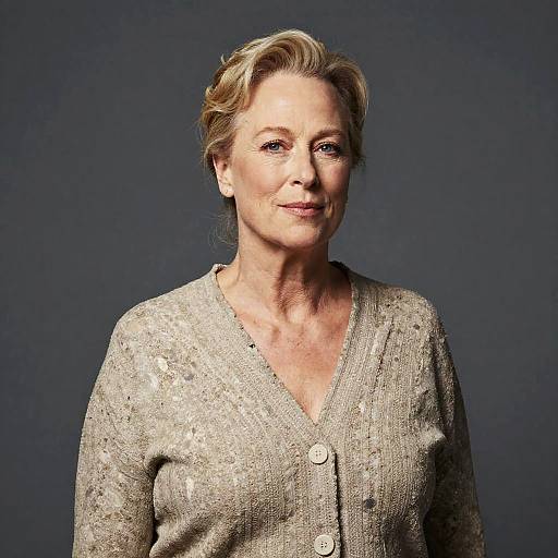 Photograph of a mature woman with blonde, wavy hair, wearing a beige, textured, buttoned cardigan, smiling subtly against a dark blue