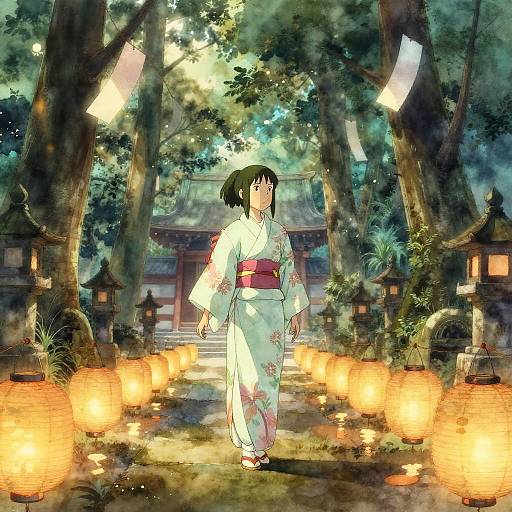 Woman in Kimono at Forest Temple with Lanterns