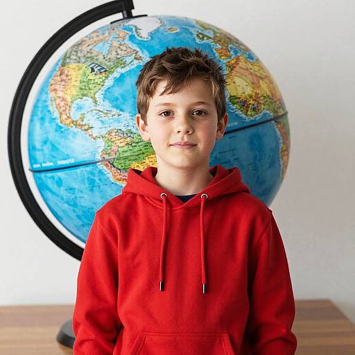 Boy in Red Hoodie with Globe