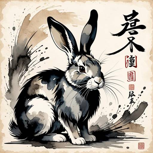 Majestic Rabbit in Ink Wash Art