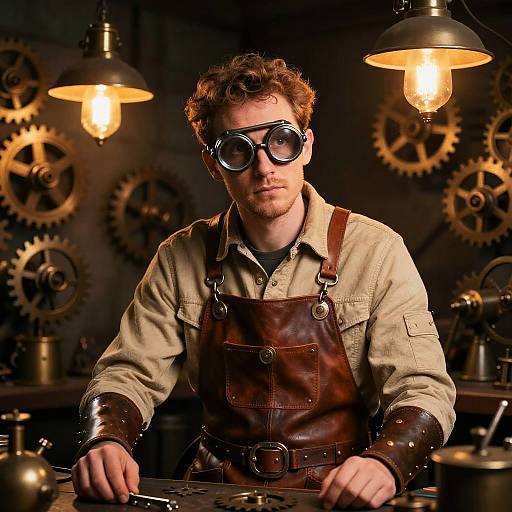 Steampunk man with curly brown hair, goggles, leather apron, and brown gloves, working in dimly lit workshop with warm lamps and gear