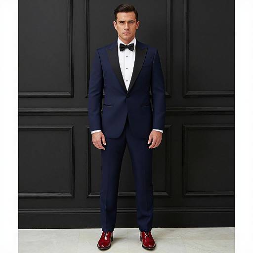 Photograph of a handsome man in a black tuxedo with a bow tie, white shirt, and red shoes, standing against a black paneled