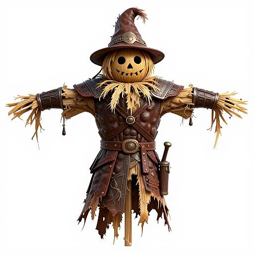 Photograph of a scarecrow doll with a carved pumpkin head, brown leather armor, feathered cuffs, and a pointed hat, against a white background