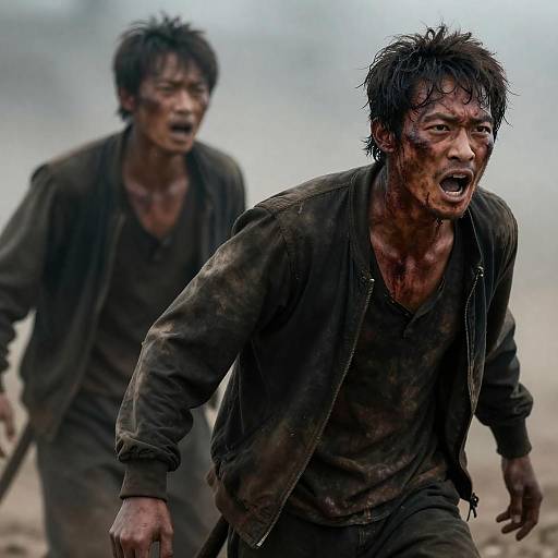 Distressed Men in Rugged Clothing Amid Dust