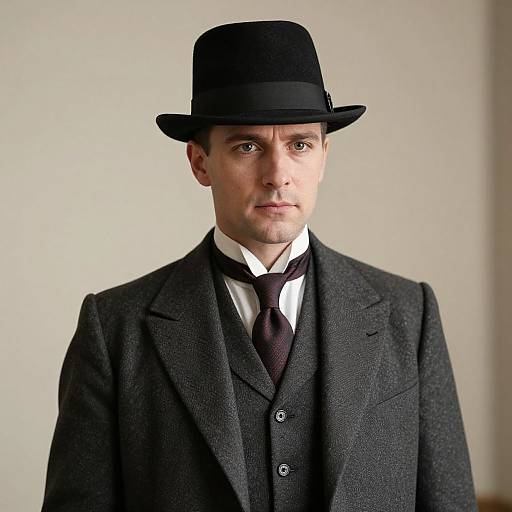 Photograph of a Caucasian man with fair skin and brown eyes, wearing a black bowler hat, dark three-piece suit, white shirt, and mar