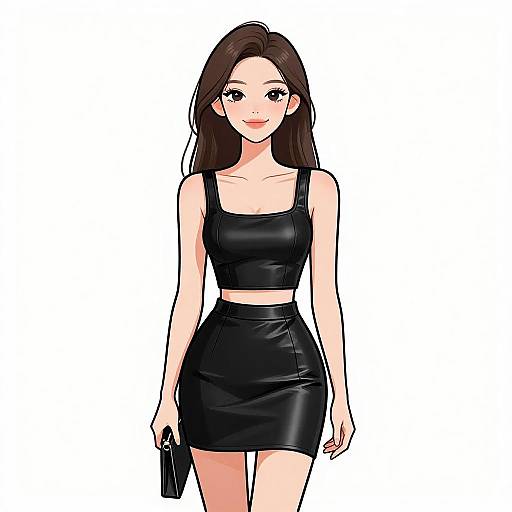Digital anime-style drawing of a smiling young woman with long brown hair, wearing a black leather crop top and matching skirt, holding a black smartphone, against