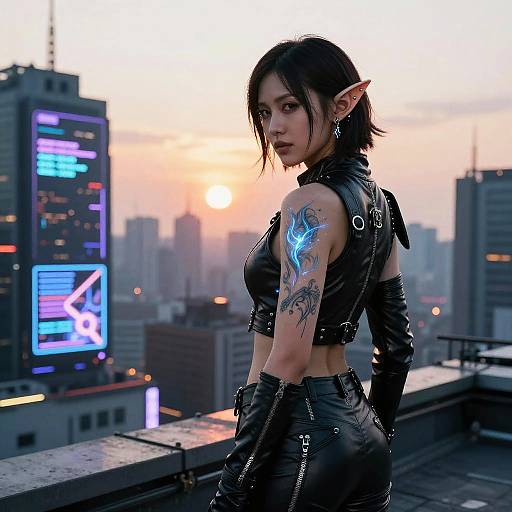 Digital artwork of a dark-haired, elf-eared woman with a glowing blue tattoo, wearing black leather outfit, standing on a rooftop at sunset in a