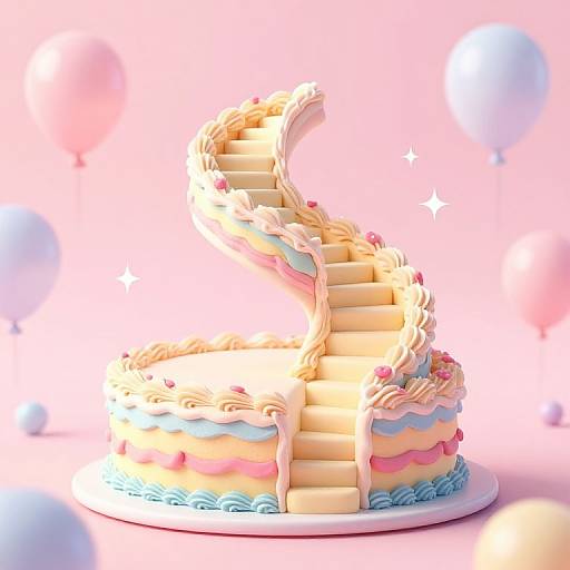 Photograph of a whimsical, pastel-colored cake shaped like a spiral staircase with layers of pink, blue, and yellow frosting, adorned with small