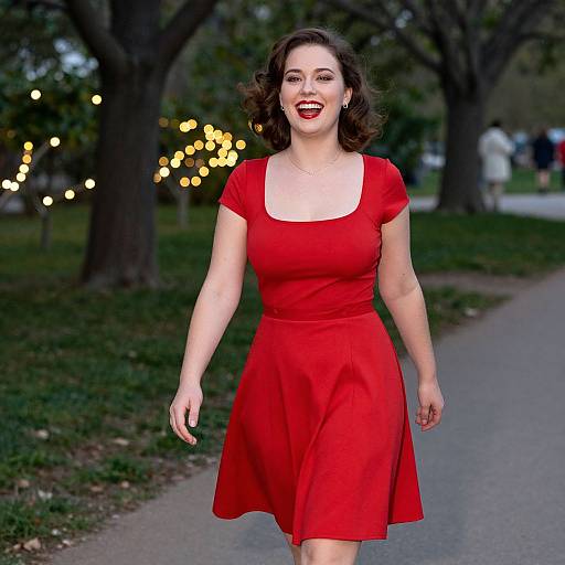 Photograph of a smiling woman with fair skin and dark brown, wavy hair, wearing a vibrant red, short-sleeve, A-line dress