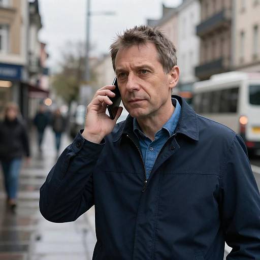 Middle-Aged Man on Wet Urban Street