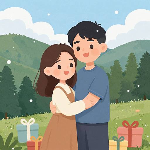 Cartoon-style image of a smiling couple embracing in a grassy field with mountains and trees, surrounded by colorful gift boxes.