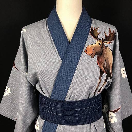 Photograph of a mannequin wearing a gray kimono with a navy blue obi, featuring a colorful, cartoonish moose print on the