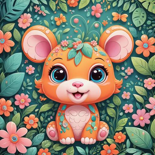 Cute Cartoon Baby Bear with Flowers