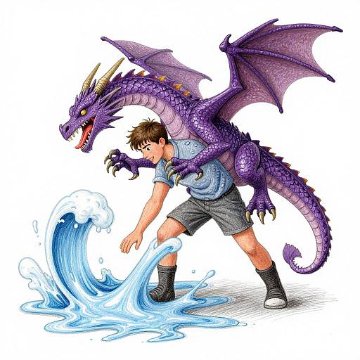 Colorful digital illustration of a young boy in a blue shirt and gray shorts, battling a purple dragon over a splashing blue wave.