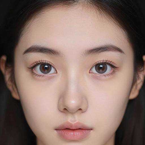 Close-up photograph of a young Asian woman with fair skin, large brown eyes, and straight dark brown hair, set against a dark background. Her expression
