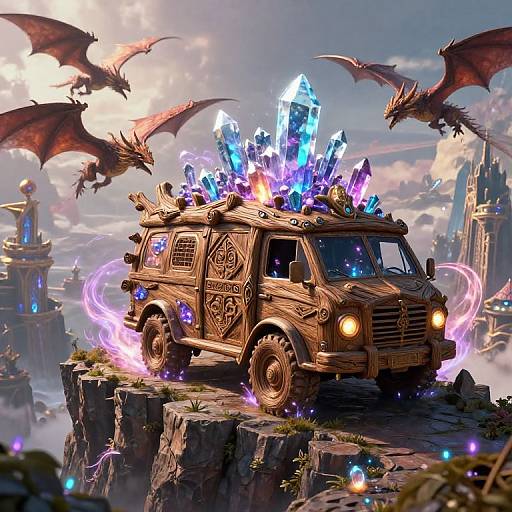 Fantasy digital artwork: enchanted wooden van with glowing blue and purple crystals, perched on cliff, surrounded by menacing dragons, magical ruins in background.