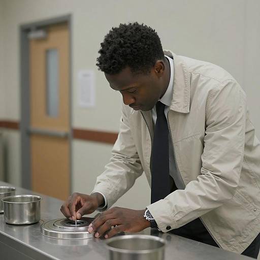 Focused Man with Metal Device and Containers