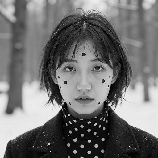 Young Woman in Polkadot Patterns in Snowy Forest