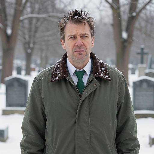 Contemplative Man in Snowy Cemetery
