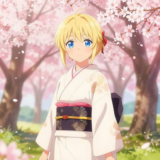 Anime-style digital drawing of a blonde girl with blue eyes, wearing a white kimono with a black obi, standing under cherry blossoms.