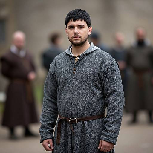 Photograph of a serious, dark-haired man with a beard, wearing a gray medieval-style tunic with a brown belt, standing outdoors with blurred,