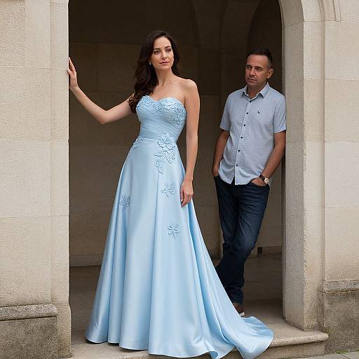 Elegant Woman in Floral Blue Gown