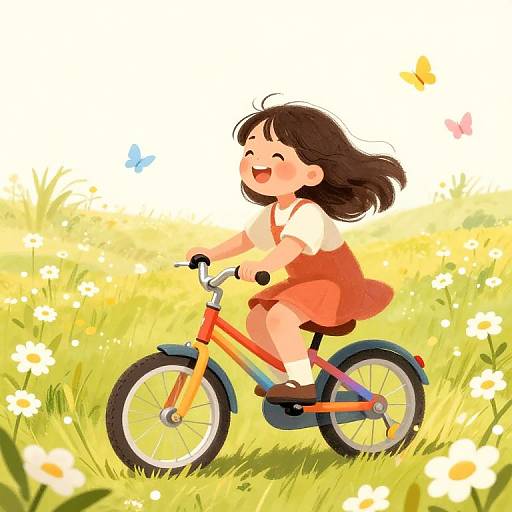 Joyful Girl Riding Rainbow Bicycle