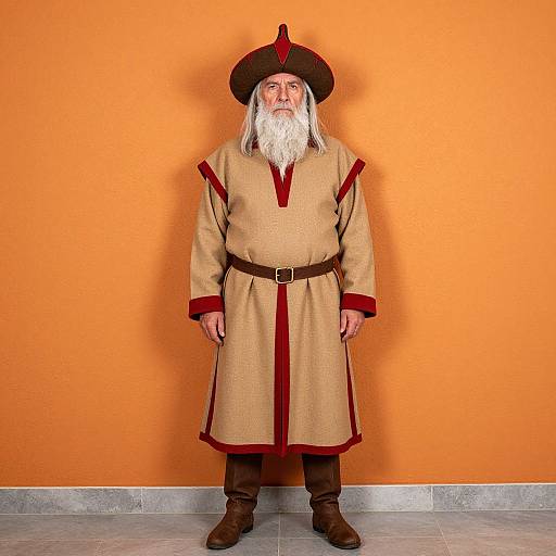 Photograph of an elderly white man with a long white beard, wearing a beige tunic with red trim, brown hat, and boots, standing against