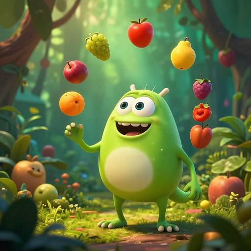 Quirky Green Monster Juggling Fruits