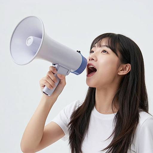 Photograph of an Asian woman with long black hair, wearing a white t-shirt, enthusiastically holding and using a white and blue megaphone, speaking