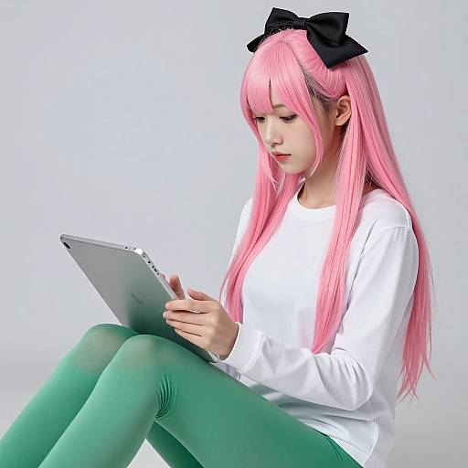 Realistic Asian Girl Playing Tablet