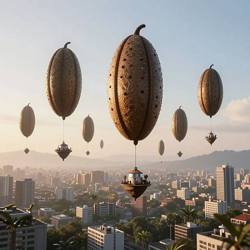 Photograph of a surreal cityscape with large, brown, bean-like airships floating above modern buildings at sunset, featuring a smaller airship with a