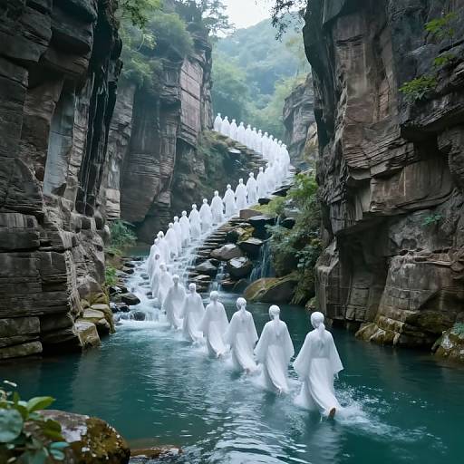 Photograph of ethereal white figures wading through a clear, rocky canyon stream, ascending a waterfall, surrounded by lush greenery.