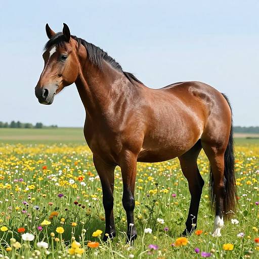 Photograph of a muscular, brown horse with a black mane standing in a vibrant, sunlit meadow of colorful wildflowers.