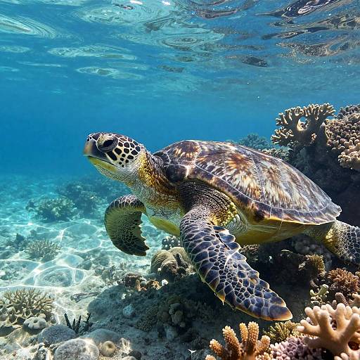 Sea Turtle Swimming Near Coral Reef
