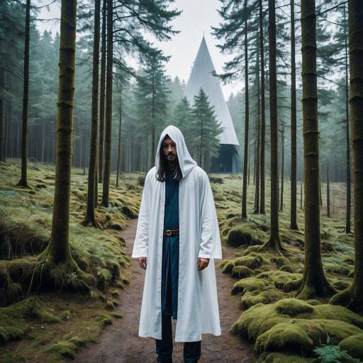 Person in white robe standing in forest path